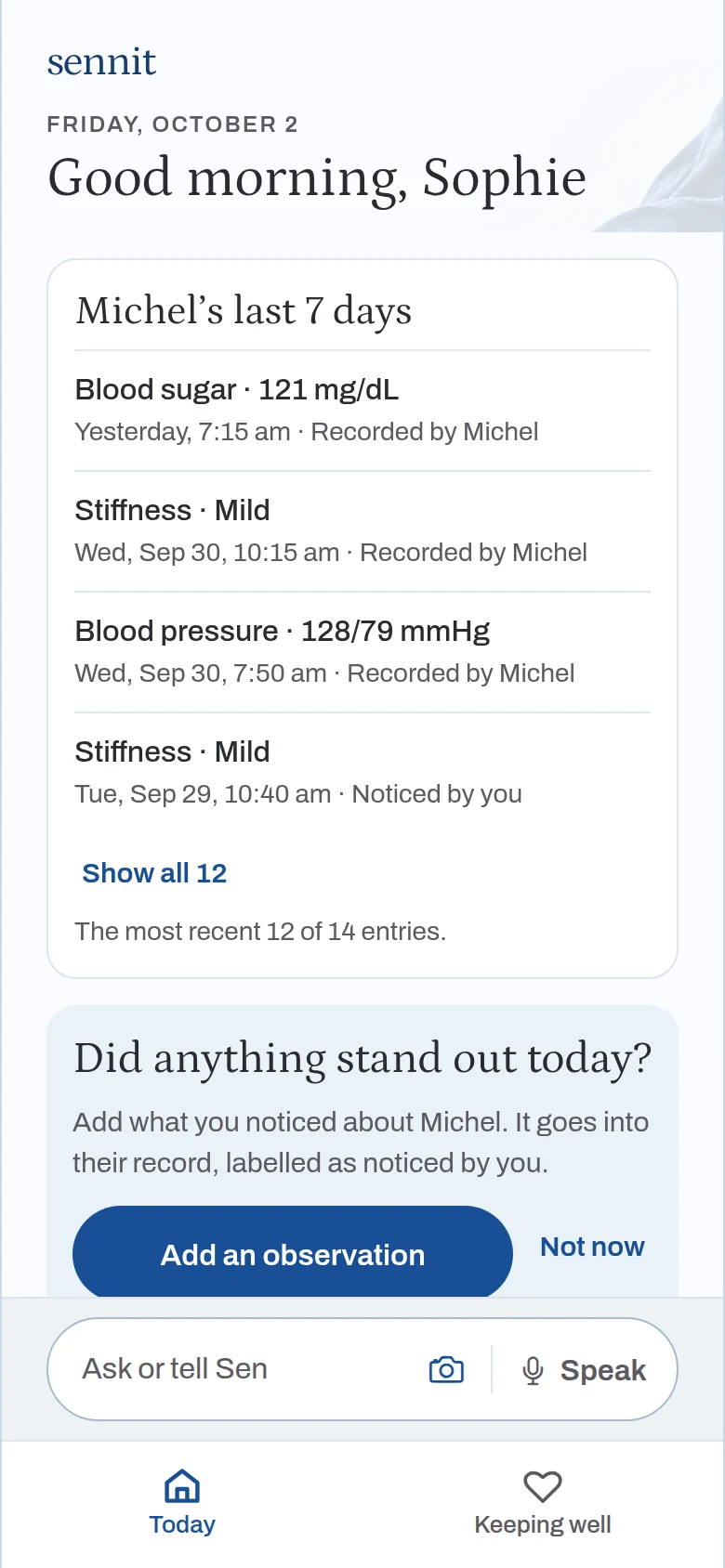 Sophie view in Sennit: Michel last 7 days, including Stiffness Mild noticed by you, and the prompt Did anything stand out today
