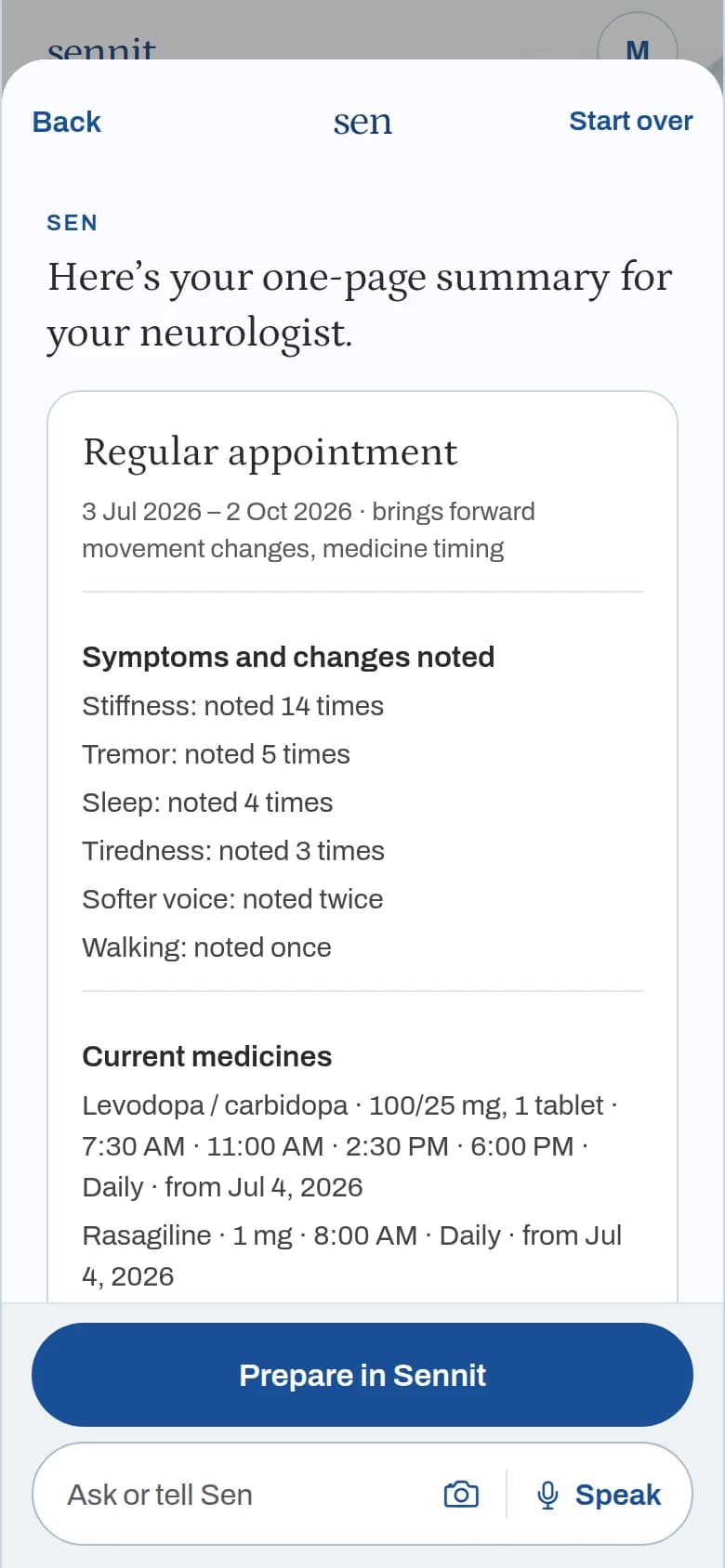 Sen summary for the neurologist: symptoms noted, current medicines and doses marked